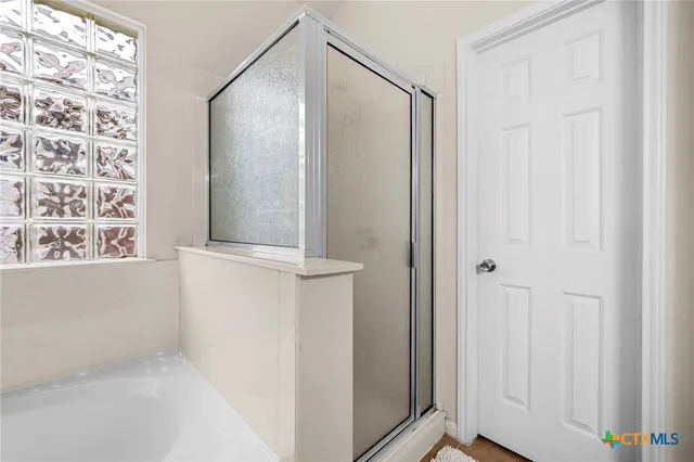 a bathroom with a bathtub and a shower
