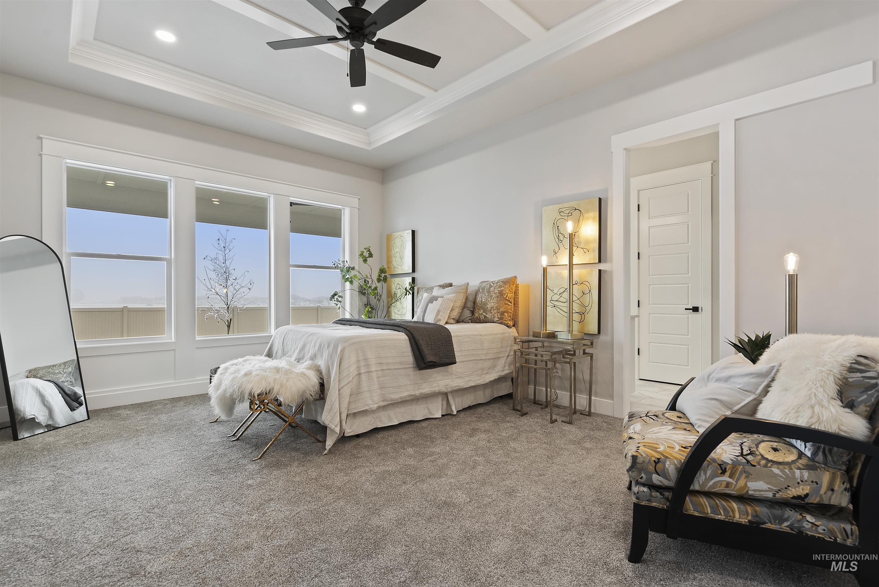 9283 Basin Kid Court Middleton, ID 83644 - Photo 6 of 21 Carpeted bedroom with a ceiling fan, crown molding, and recessed lighting