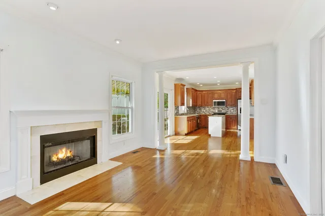 a living room with a fireplace