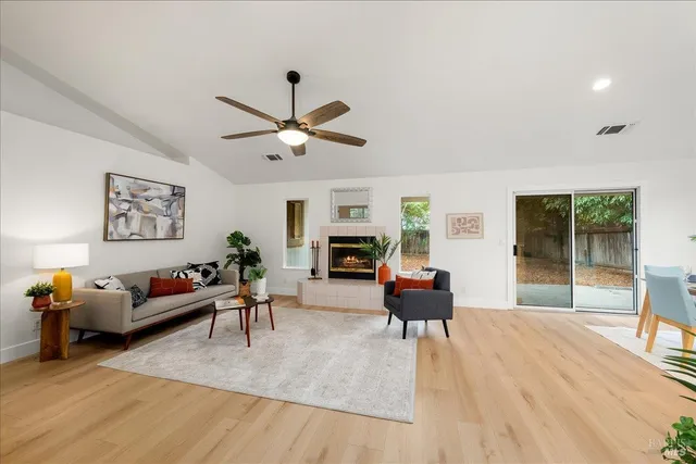 a living room with furniture and a potted plant