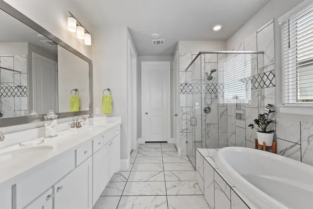 a bathroom with a double vanity sink mirror and shower