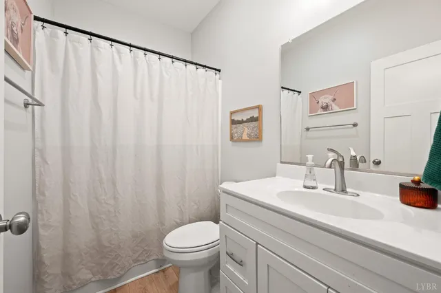 a bathroom with a sink a toilet and shower curtain