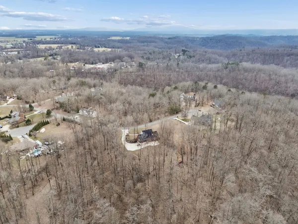 an aerial view of house with yard and mountain view in back