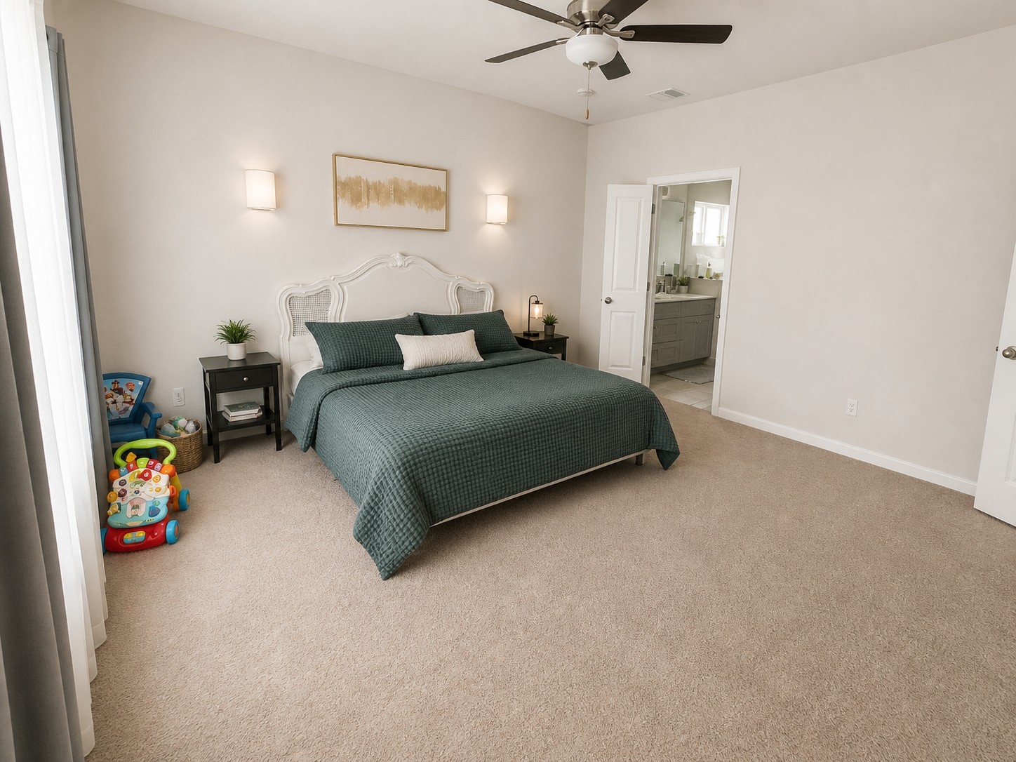 324 Windstar Road Liberty Hill, TX 78642 - Photo 5 of 6 Carpeted bedroom featuring a ceiling fan with integrated lighting, wall sconces, and a decorative headboard