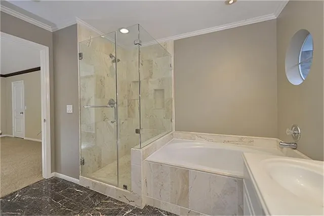 a bathroom with a shower a sink and a mirror