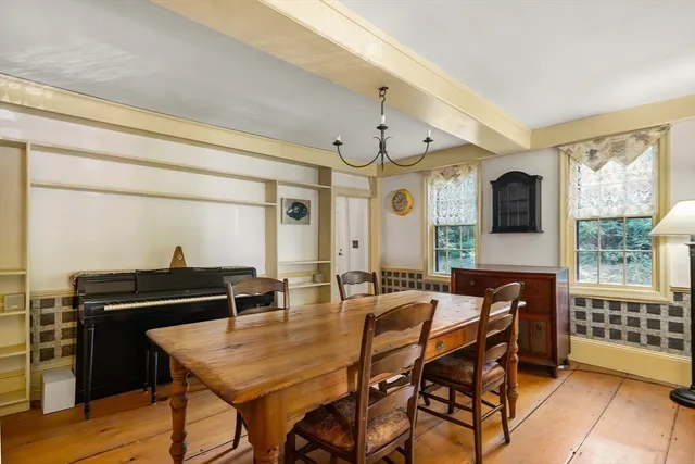 a view of a dining room with furniture and window