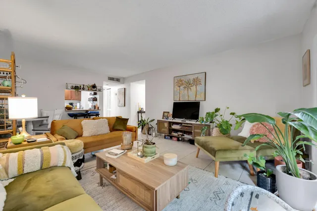 a living room with furniture potted plant and a flat screen tv