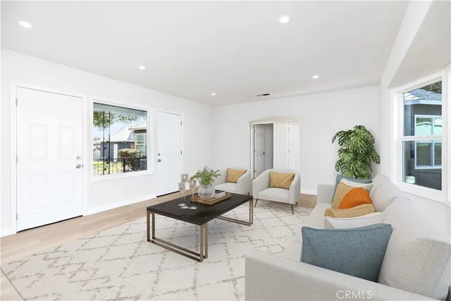 a living room with furniture and a potted plant