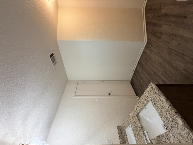 18421 Crestwind Lane Elgin, TX 78621 - Photo 24 of 34 Rich wood-look flooring complements the textured granite countertops in this modern vanity area.