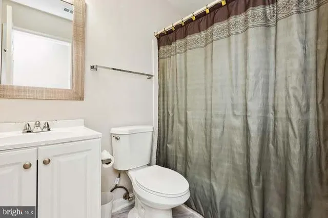 a bathroom with a sink a toilet and shower curtain