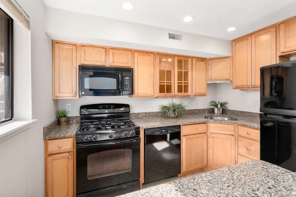 120 Beaconsfield Road, Unit 9 Brookline, MA 02445 - Photo 8 of 20 a kitchen with stainless steel appliances granite countertop a stove a sink and a microwave