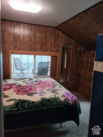 97 East Main Street Stockton, UT 84071 - Photo 51 of 58 Carpeted bedroom with wooden walls and vaulted ceiling