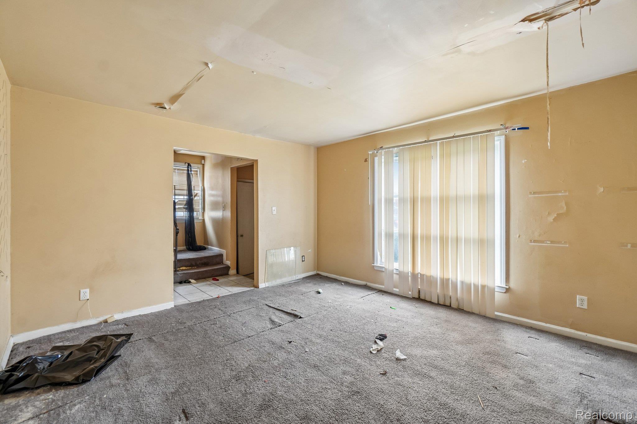 Unfurnished room with light carpet and baseboards