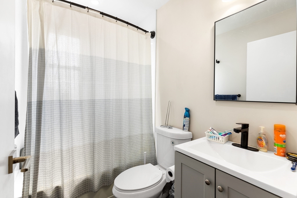 7 Transit Street, Unit 1 Boston, MA 02127 - Photo 9 of 10 a bathroom with a sink a toilet and shower curtain