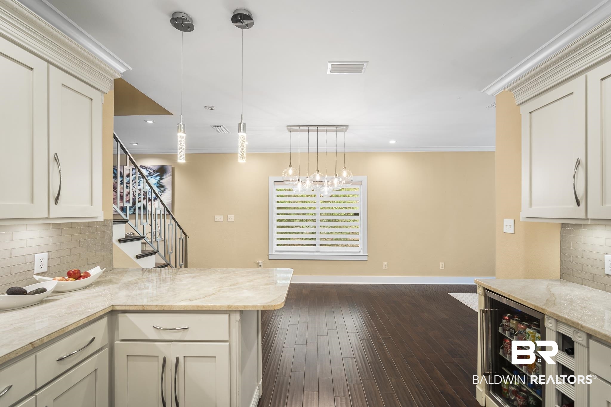 178 Lakeview Loop Daphne, AL 36526 - Photo 11 of 43 Kitchen featuring backsplash, wine cooler, light stone countertops, pendant lighting, and recessed lighting