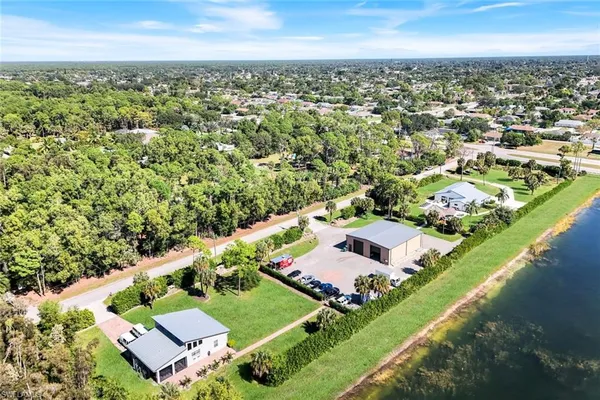 an aerial view of a house with a garden