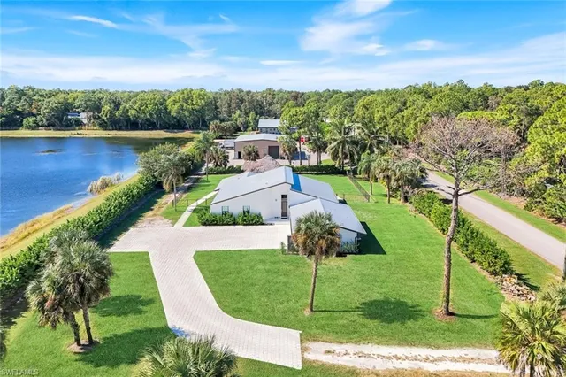 a view of a lake with a garden