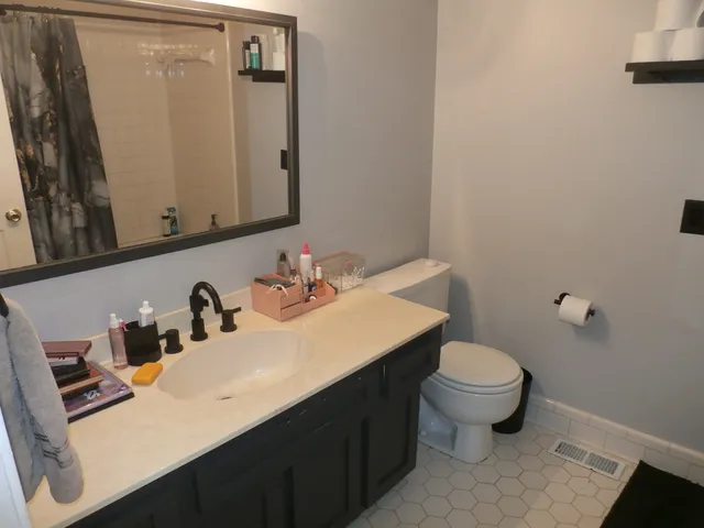 a bathroom with a sink toilet and mirror