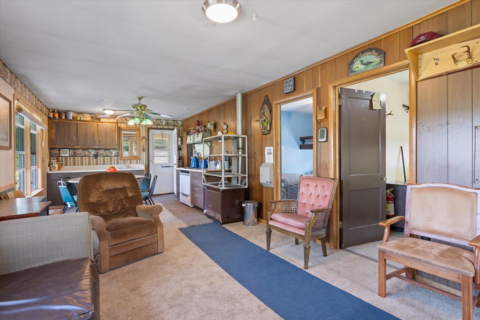 9420 Vollmer Drive Isabella, MN 55607 - Photo 21 of 37 Living area featuring light carpet, wood walls, and ceiling fan
