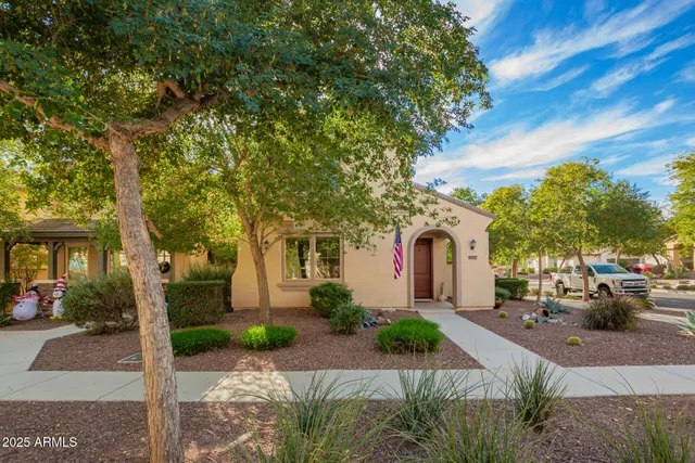 a front view of a house with garden and tree
