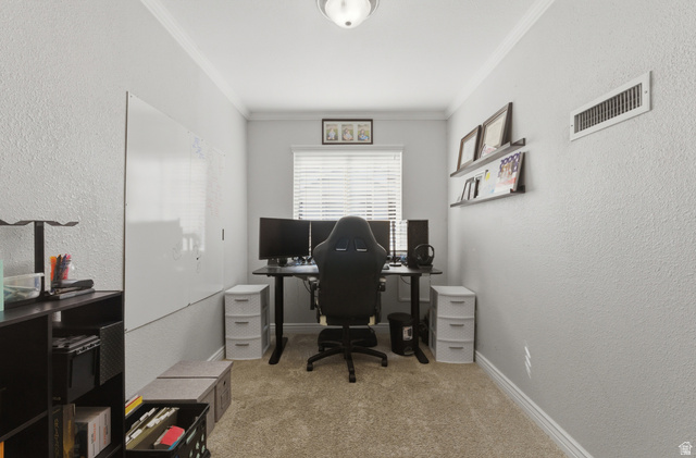 282 West 960 South, Unit C Provo, UT 84601 - Photo 14 of 33 Office with a textured wall, ornamental molding, and light colored carpet
