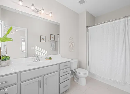 a bathroom with a toilet sink a mirror and shower curtain