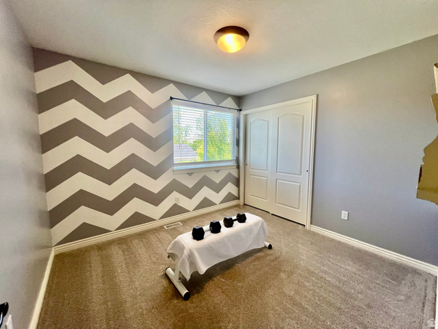 369 Culross Circle Tooele, UT 84074 - Photo 32 of 54 Carpeted room featuring a chevron accent wall, white trim, a double-door closet, and a single window with blinds