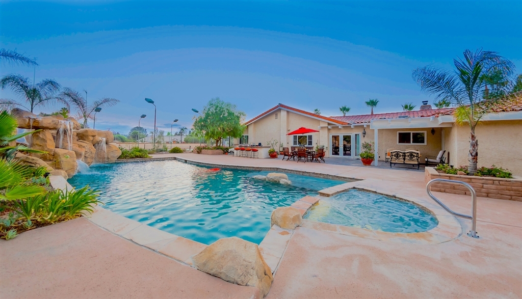 Pool, spa, waterfall, slide