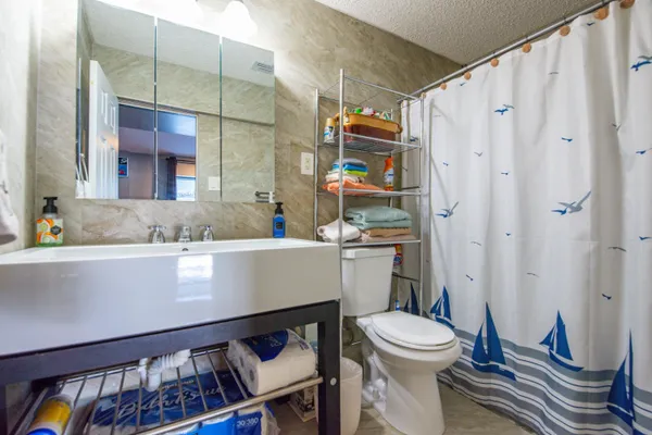 a bathroom with a sink a toilet and shower