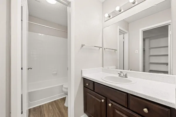 a bathroom with a sink tub double vanity and a mirror