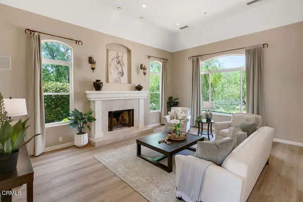 a living room with furniture and a potted plant