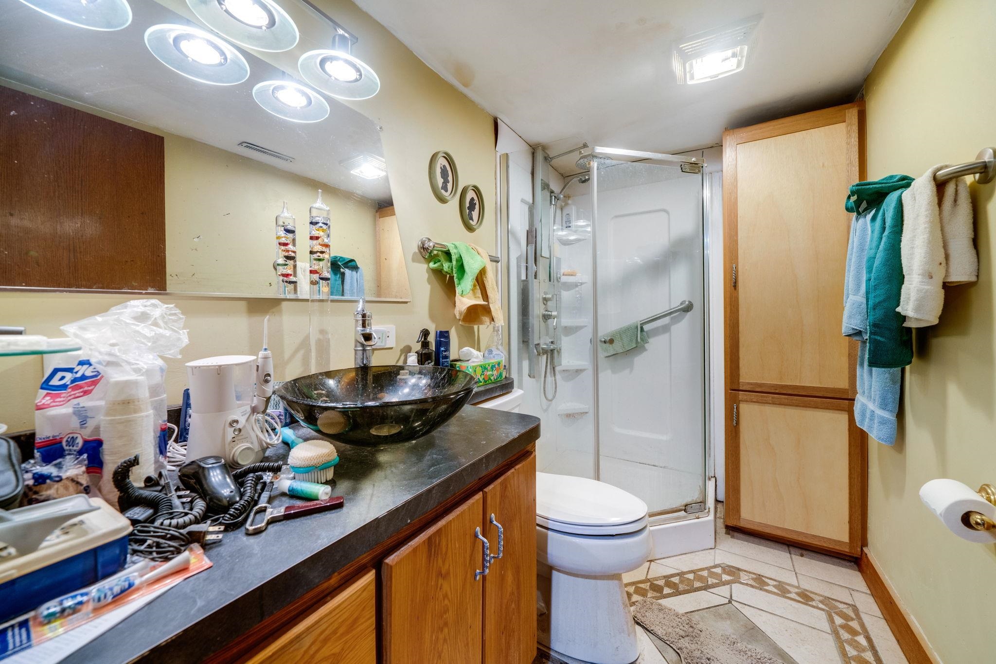 709 Franklin Street Oregon, IL 61061 - Photo 65 of 87 a bathroom with a granite countertop sink a toilet and shower