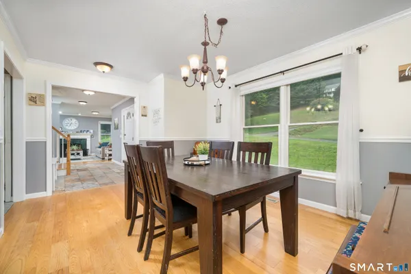 a view of a dining room with furniture window and wooden floor