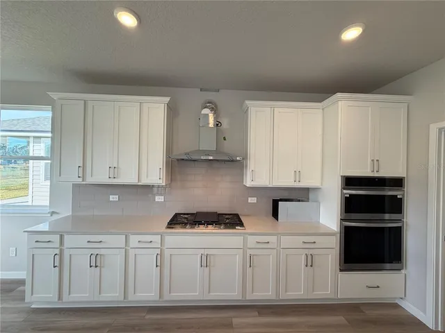 a kitchen with granite countertop white cabinets and stainless steel appliances