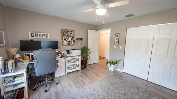 a living room with furniture and a potted plant