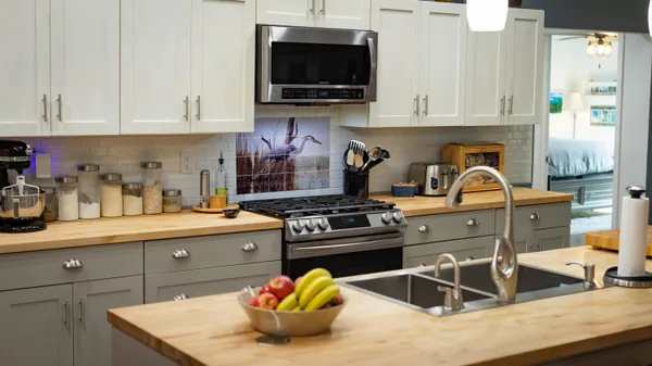 a view of a dining room with furniture