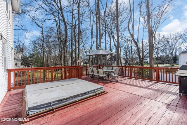 a view of a backyard with potted plants and large trees