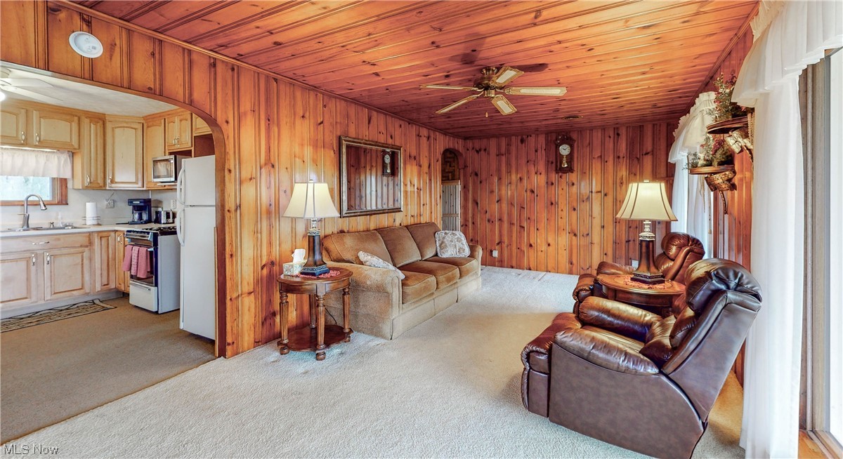 466 Pine Lake Road Sebring, OH 44672 - Photo 16 of 30 Living room featuring wooden ceiling, ceiling fan, wood walls, light colored carpet, and sink