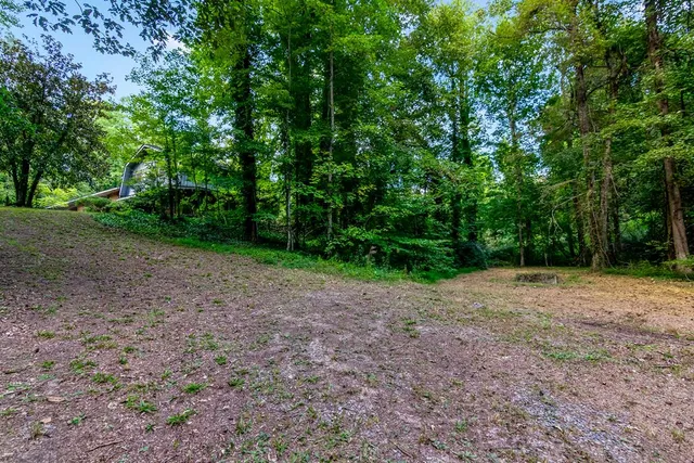 a view of a field with trees in the background