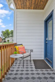 a view of a bench in the porch