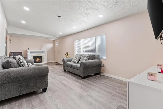 a living room with furniture and a fireplace