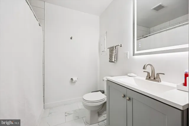 a bathroom with a toilet a sink a mirror and vanity