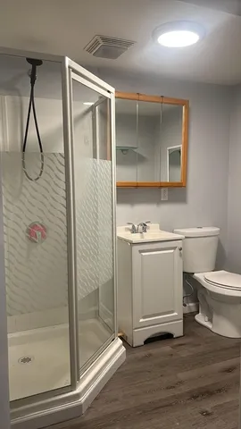 a bathroom with a sink a toilet and shower