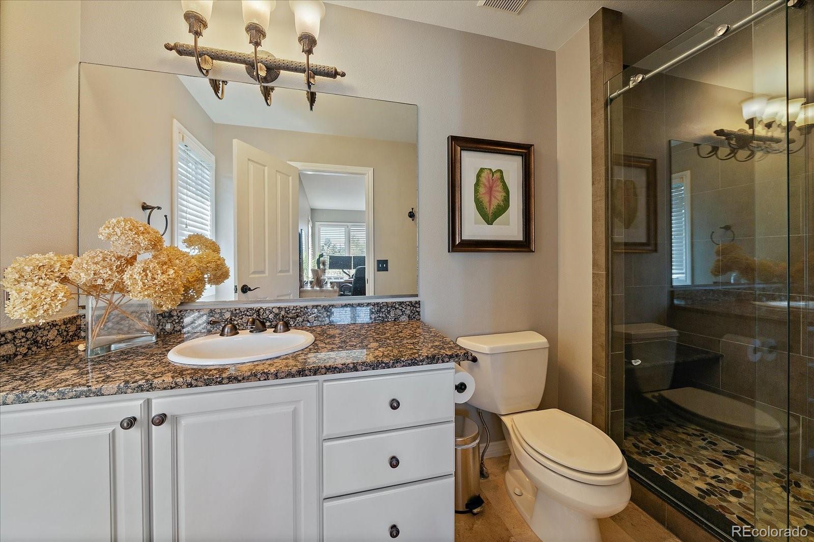 73 North Ranch Road Littleton, CO 80127 - Photo 24 of 49 a bathroom with a granite countertop toilet sink and mirror