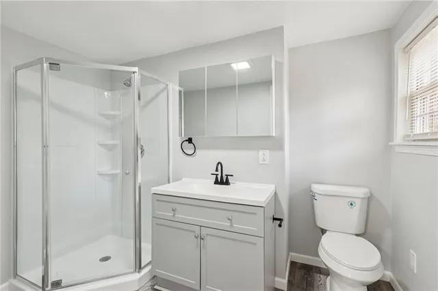 a bathroom with a toilet sink vanity and shower