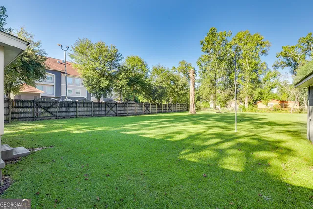 a view of a park with large trees