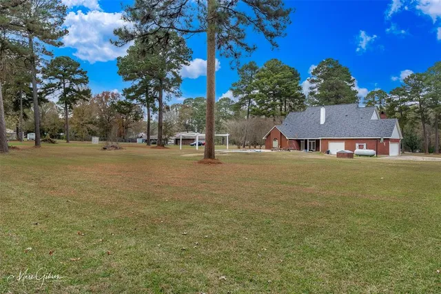 a view of a field with trees in the background