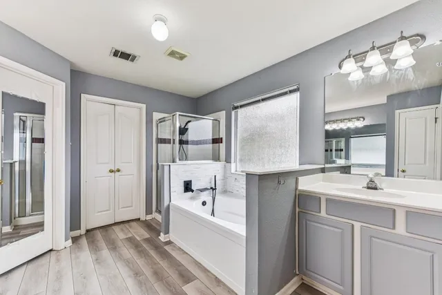 a bathroom with a sink a mirror and a shower
