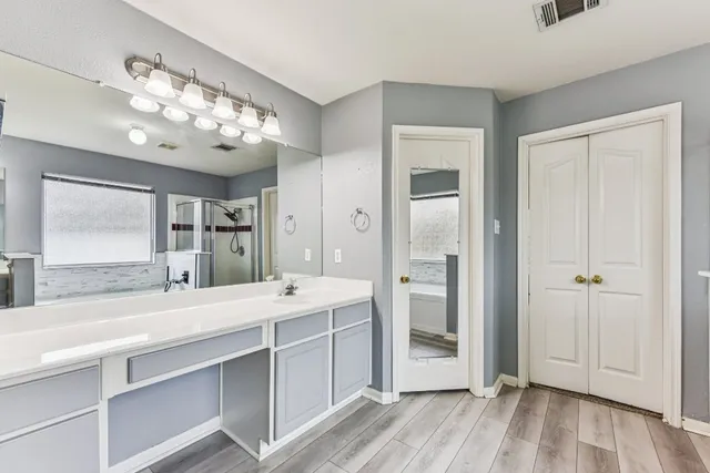 a bathroom with a bathtub a sink a mirror and a shower