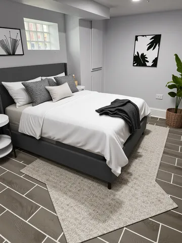 a bedroom with a bed and painting on the wall